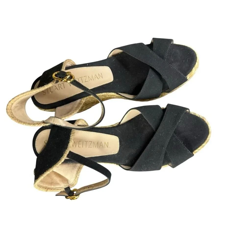Stuart Weitzman Mirela Espadrille Wedge Sandals Black Natural 9B - Picture 9 of 11